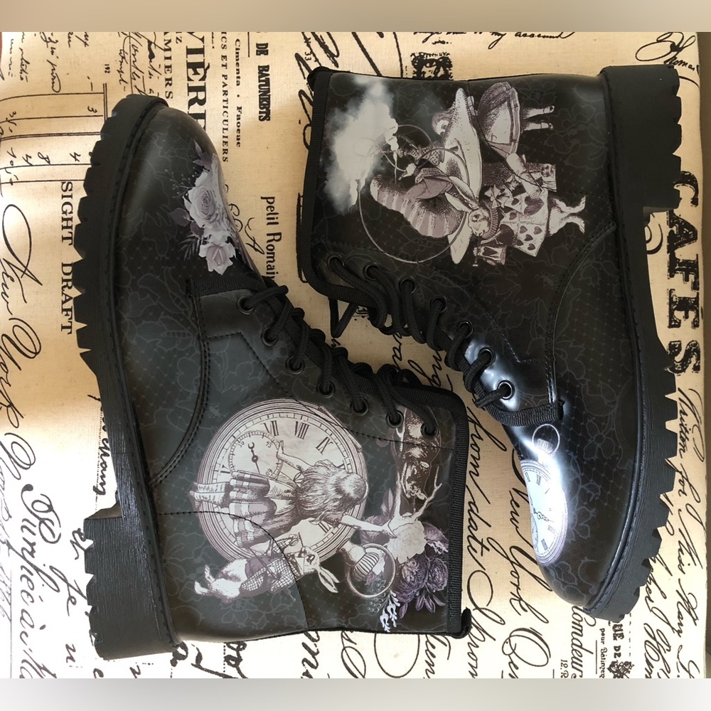Boots; Combat; “Alice in Wonderland” Theme; Vegan Leather; Black w/White Edging